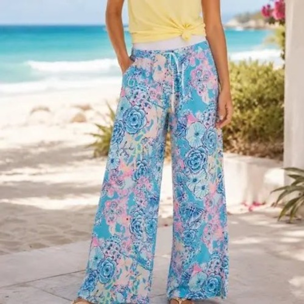 Lilly‎ Pulitzer Beach Palazzo Pants Womens XS Blue Pink Floral Wide Leg Elastic